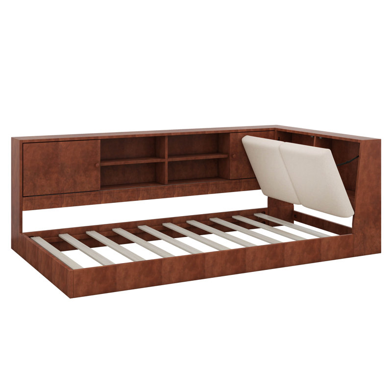 Lit de jour simple avec bibliothèque de rangement et tête de lit tapissier, lit de plancher avec station de charge, Noyer
