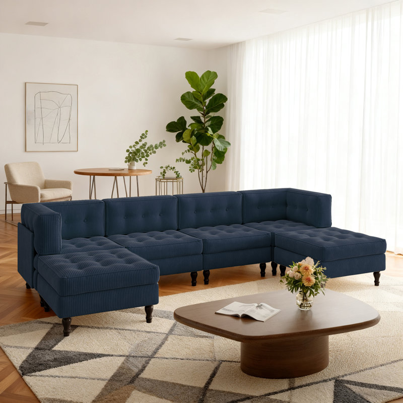 6 Seater Corduroy Sectional, Navy Corduroy