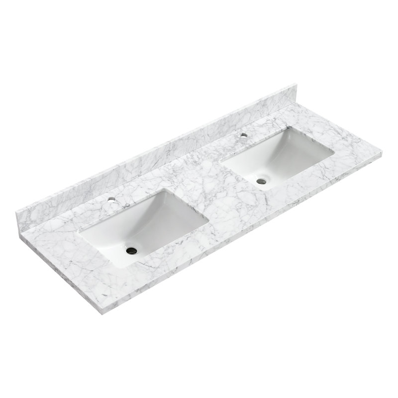 Zevio l 61 po x P 22 po. Comptoir de meuble-lavabo en marbre blanc de Carrare avec lavabo simple rectangulaire blanc