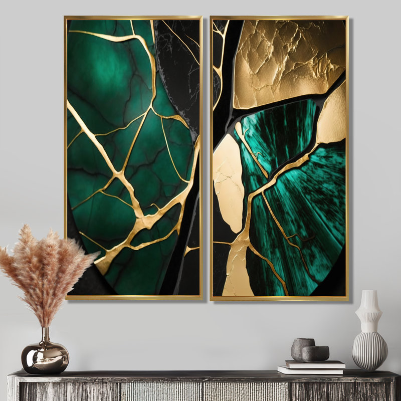 «Abstract Geode Gold I», art mural abstrait en marbre 2 pièces, 40'' H x 40'' W, Impression encadrée flottante, Gold