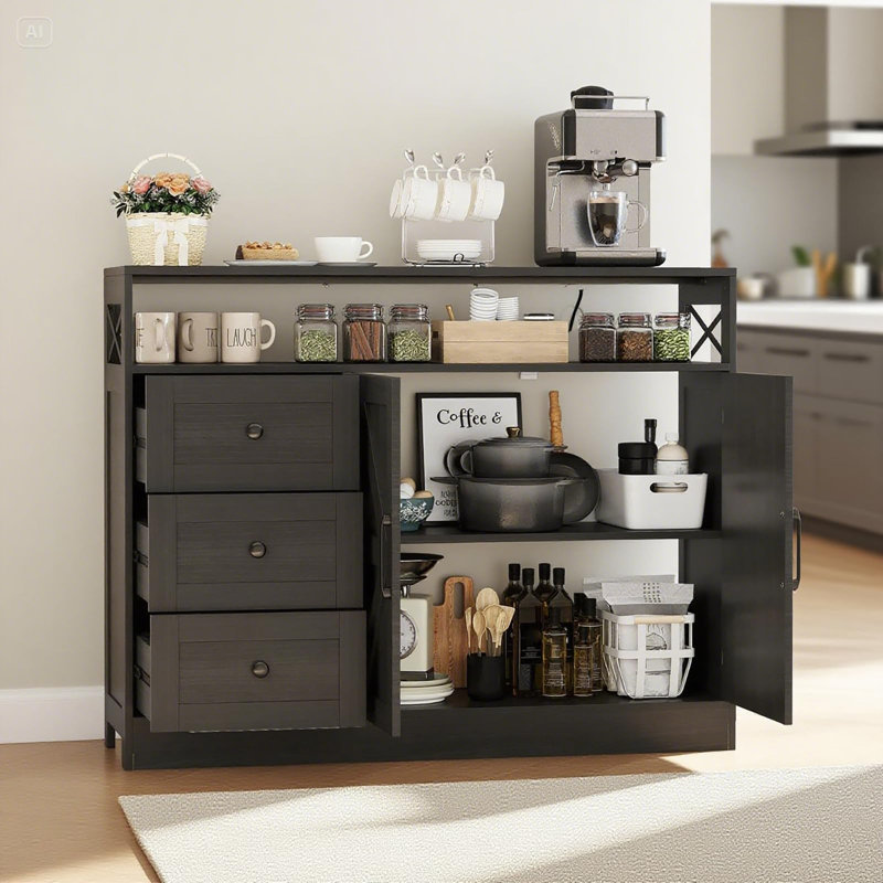 47.2"Buffet Cabinet with Storage,Modern Farmhouse Sideboard Storage Cabinet with Power Outlet,3 Drawers and 2 Barn Doors