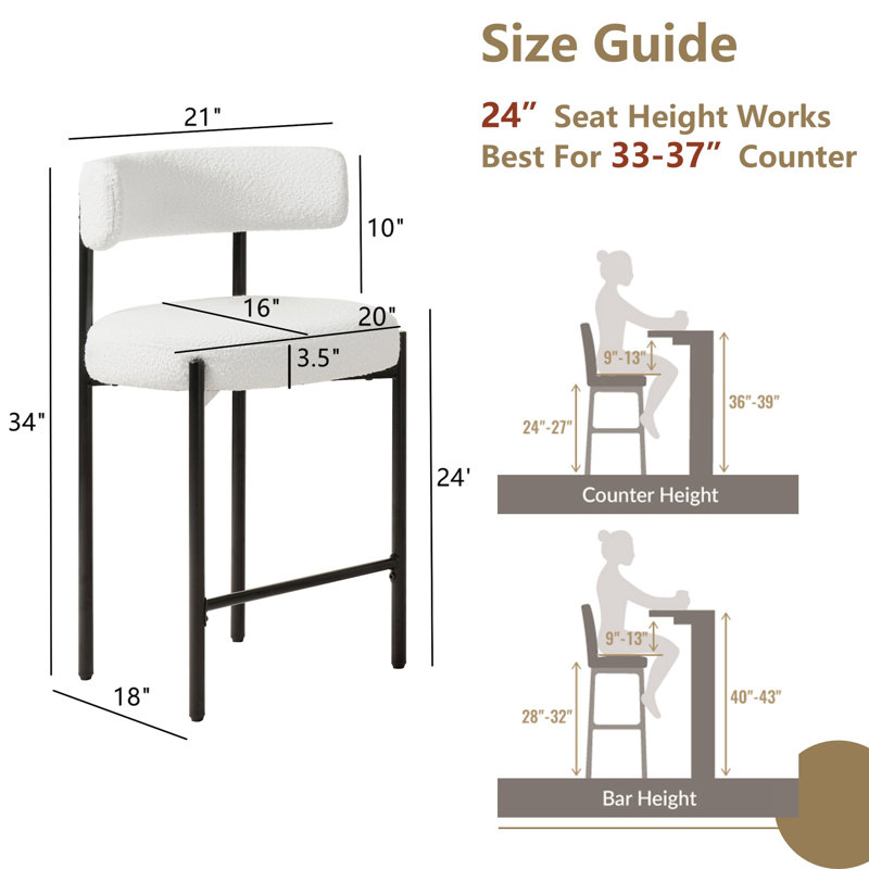 24'' White Boucle and Metal Counter Height Bar Stools, Set of 3
