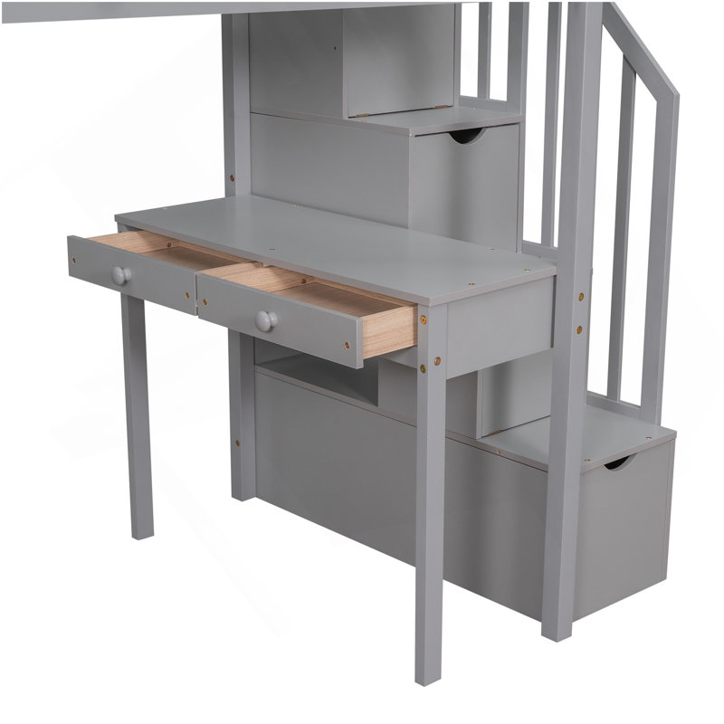 Lit mezzanine simple avec tiroirs de rangement, bureau et escalier, lit mezzanine en bois avec tablettes - gris