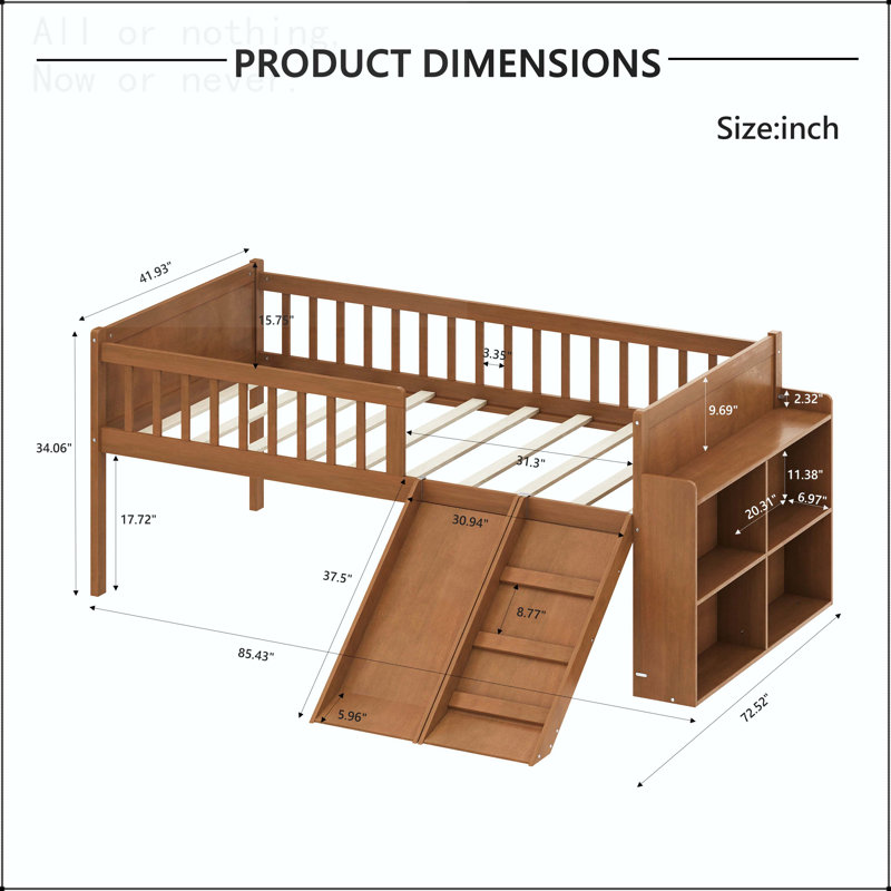Twin Size Bed Frame with Storage Shelf, Slide, and Ladder, Walnut