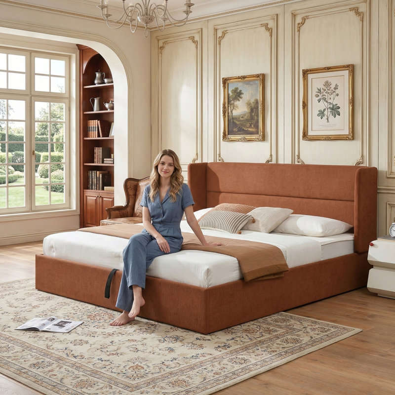 Gaillarde Hydraulic Lift Up Storage Upholstered Platform Bed, King, Caramel