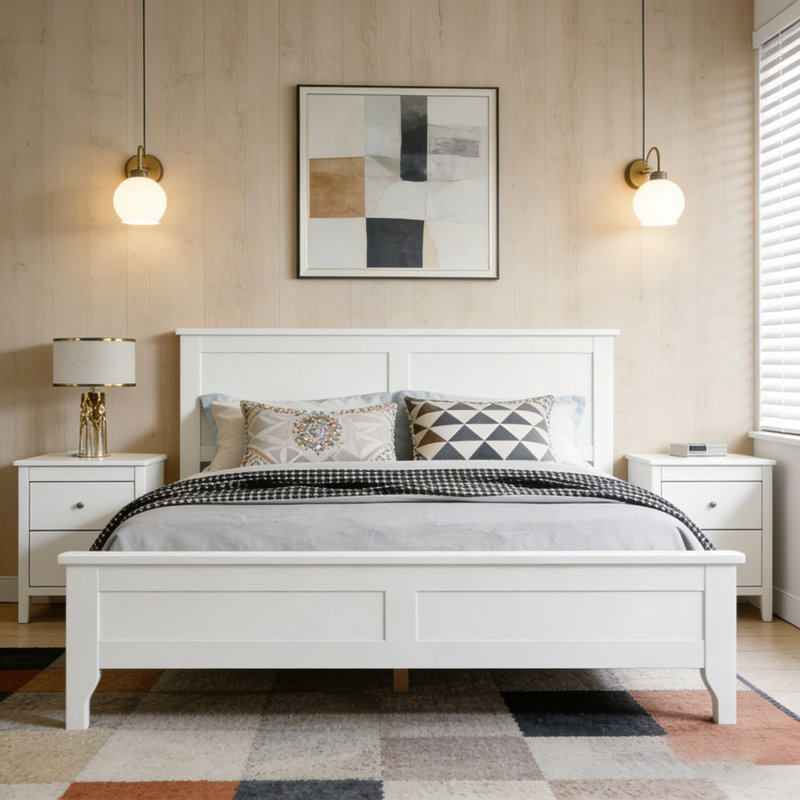 Modern Solid Wood Platform Bed, White, Queen