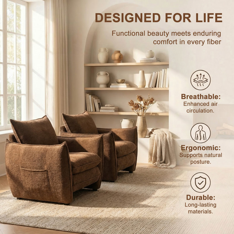 Oversized Chenille Fabric Accent Chair (Set of 2, BROWN）, Brown