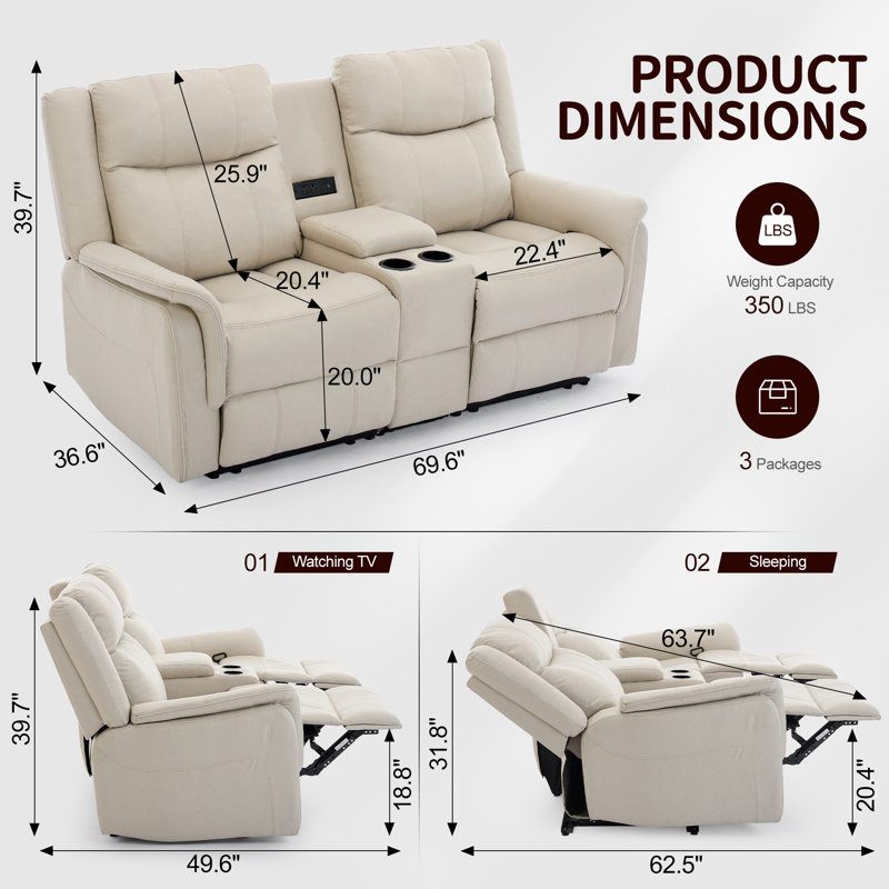 Manual Reclining Loveseat Sofa, 2-seat Recliner Couch With Cup Holders And Usb Ports, Recliner Sofa For Living Room And Home Theater