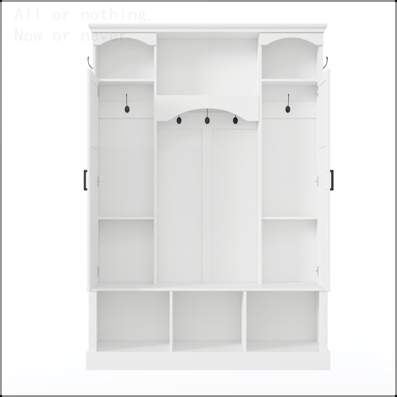 All-in-One Hall Tree with Adjustable Side Cabinets and 7 Hooks, White