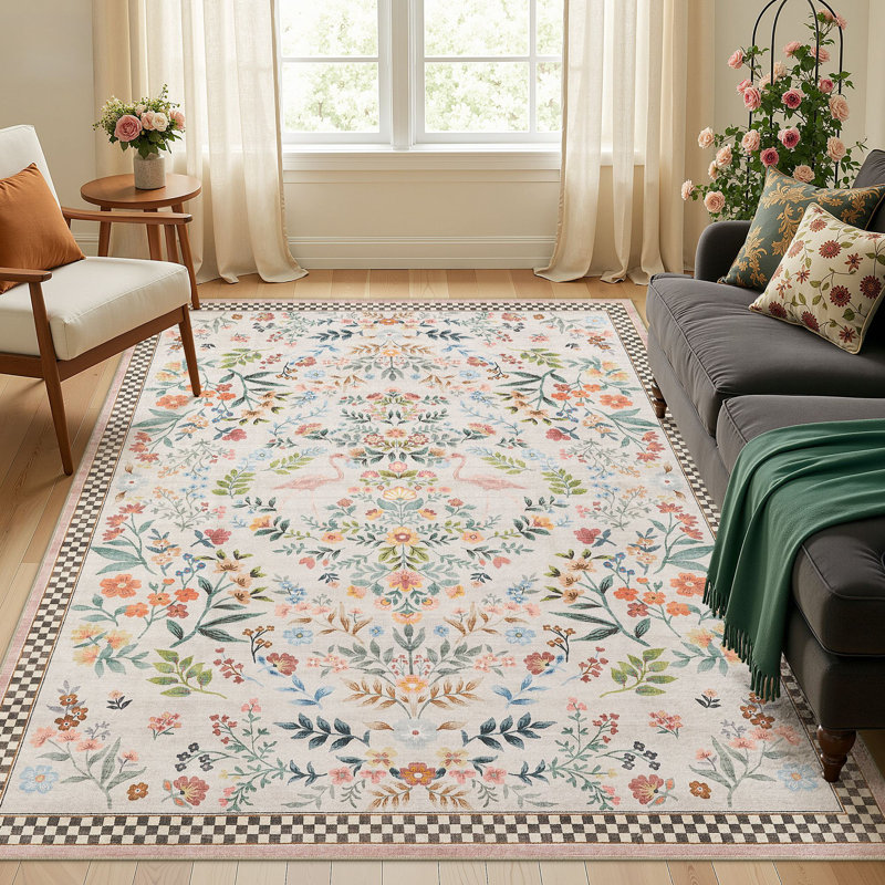 Tapis lavable à motif floral de style campagnard antidérapant pour chambre d'enfant - rose, Rose, Rectangle 6 pi x 9 pi
