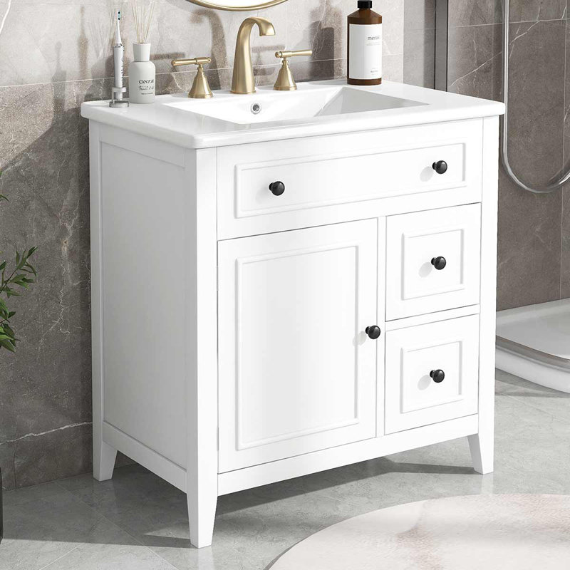 Meuble-lavabo 30 po avec meuble-lavabo en céramique avec porte et deux tiroirs, Blanc