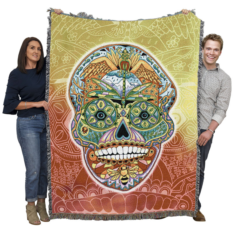 Pure Country Weavers - tête de mort en sucre Animal Totem - jeté en coton Sue Coccia tissé à partir de coton - fabriqué aux États-Unis (54 x 72)