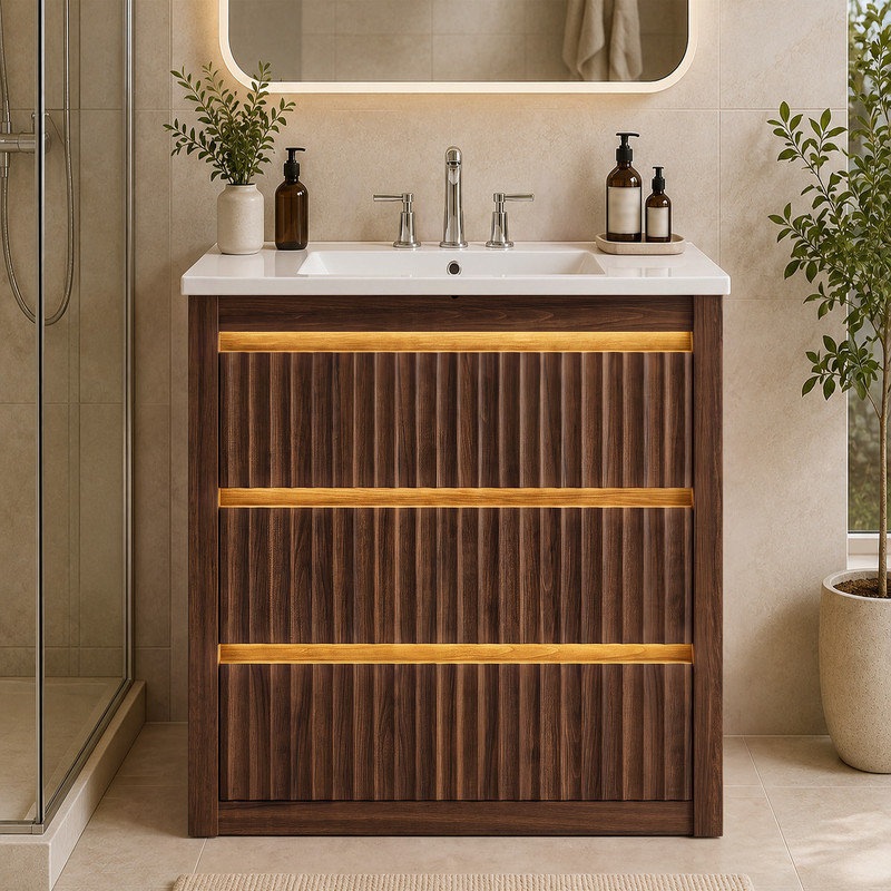 Meuble-lavabo cannelé 30 po avec comptoir en céramique, meuble-lavabo simple avec 3 tiroirs, Brun, Oui