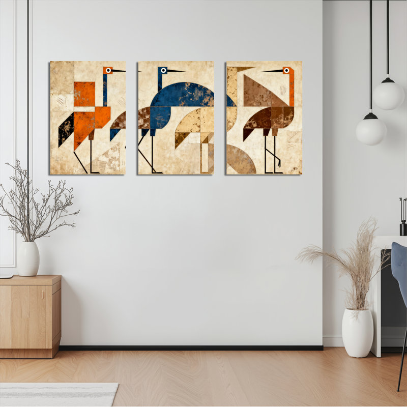 Toile tendue représentant des oiseaux géométriques abstraits (lot de 3), H 18 po x l 36 po