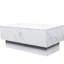 Table de salon avec fonction coulissante extensible et compartiments cachés dans un mécanisme de rangement latéral blanc pour