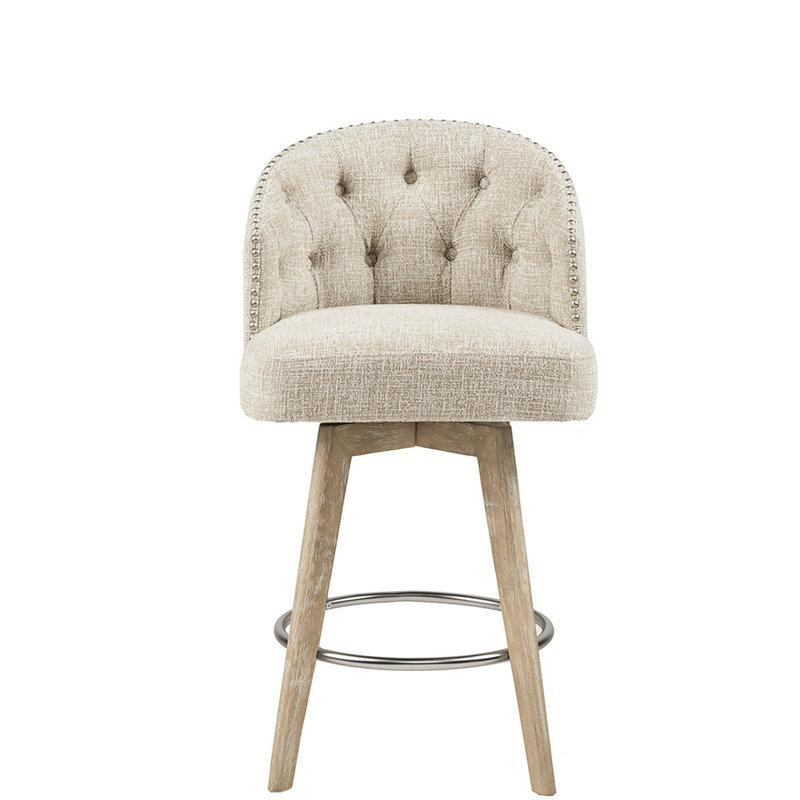 Tabouret de comptoir pivotant à 360 degrés avec revêtement crème - dossier à boutons, pieds en bois massif, finition récupérée, repose-pieds rembourré d'une capacité de 300 lb, charge