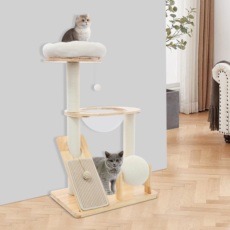 Arbre à chat multifonctionnel en bois, tour d'arbre à chat moderne pour chats d'intérieur