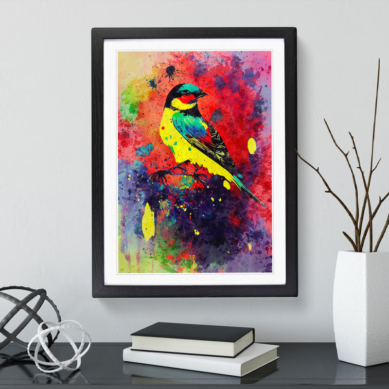 Splashed Bird No.4 Abstract - Wall Art, Black Framed, 66cm H x 48cm W, White