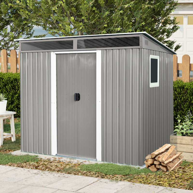 Boîte en métal pour l'extérieur avec conception et fondation imperméables - Remise grise et stable 8 x 6 pi pour porte verrouillable