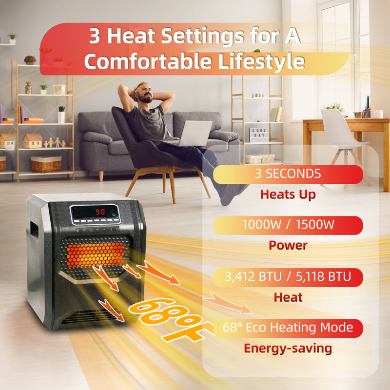 Electric Infrared Heater 750W 1500W 4-Element Infrared Space Heater, Remote Control and Timer, 1000W / 1500W