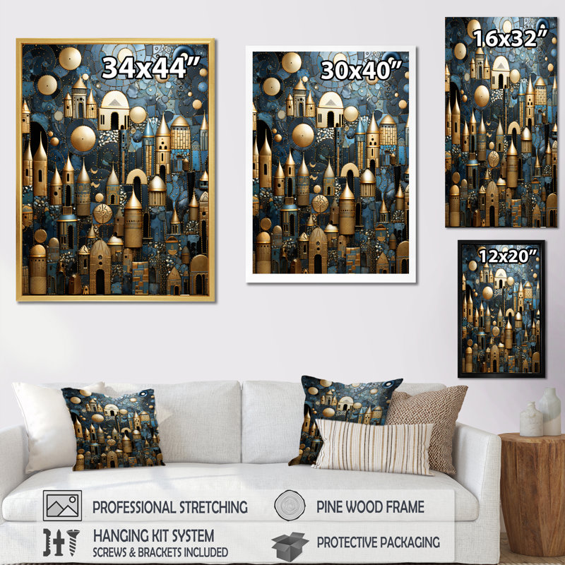 Paysage urbain avec château en or rétro et bleu I, H 32 po x l 16 po x P 1 po, Cadre naturel flottant