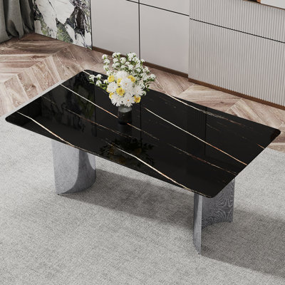 Modern Minimalist Dining Table. The Black Imitation Marble Glass Desktop Is Equipped