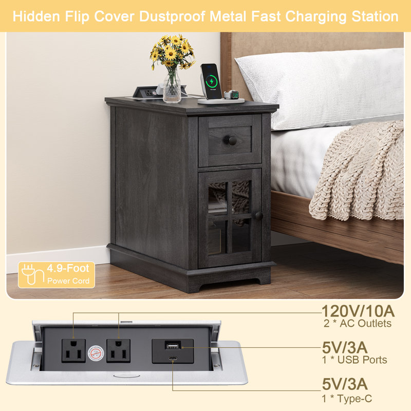Benancia 1 Drawers Nightstands  with Storage and Fast Charging Station for Bedroom, Black