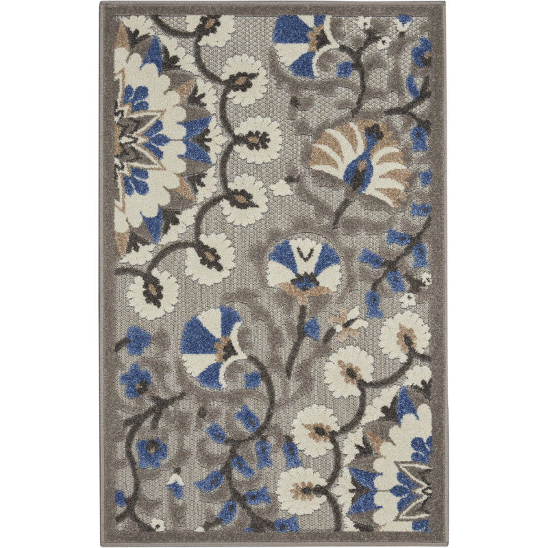 Caragh Floral Gray/Blue Indoor / Outdoor Area Rug, Rectangle 2' x 3'