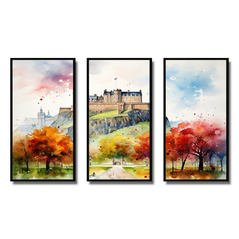 Art mural forteresse médiévale en Angleterre I, Cadre flottant noir, H 28 po x l 36 po x P 1 po