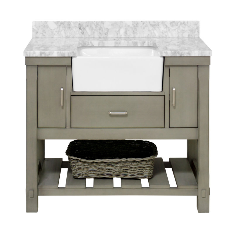 Hitton 42'' Single Bathroom Vanity with Top, Carrara Marble, Weathered Gray
