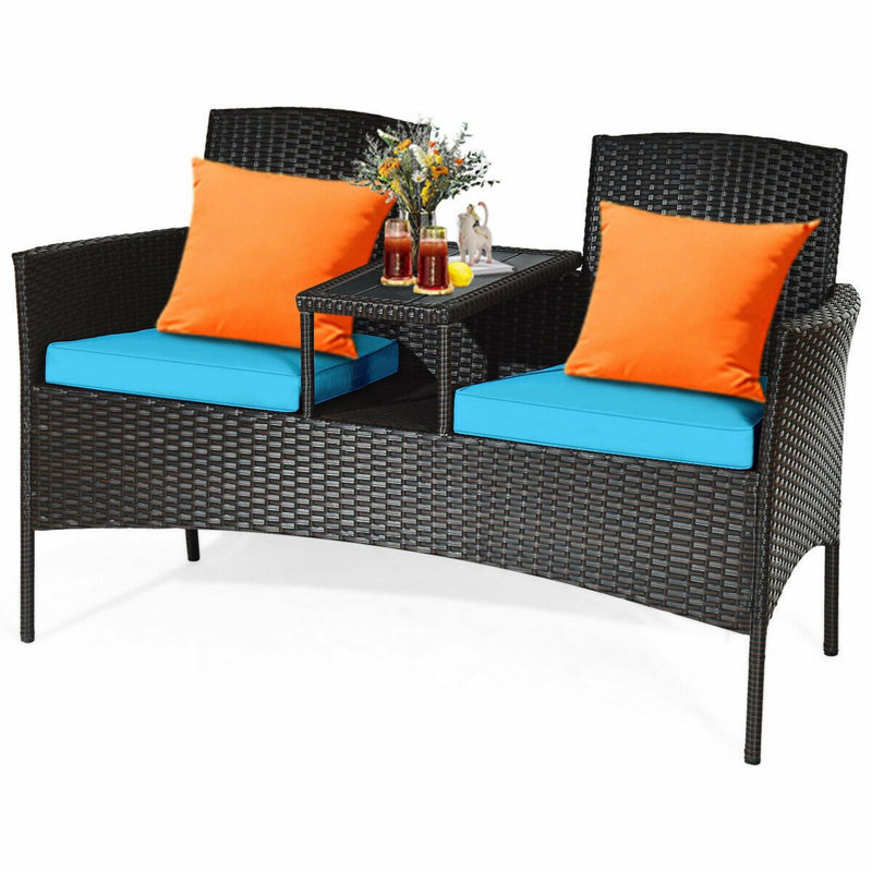 Ensemble de conversation en rotin avec coussins 3 pièces Penalosa, Mélange de bruns, Turquoise