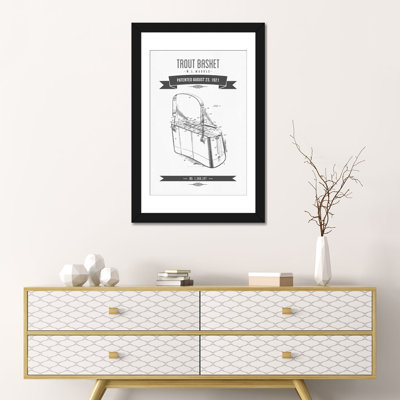 " W.L. Marble Trout Basket Patent Sketch Retro (Charcoal) " by Aged Pixel