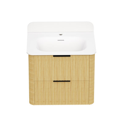 24 Inch Golden Oak Fluted Bathroom Vanity with Integrated Sink and Black Hardware
