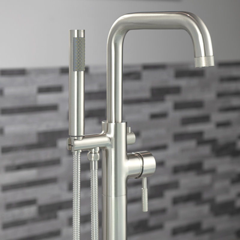 Single Handle Floor Mounted Freestanding Tub Filler Faucet with Handshower, Brushed Nickel