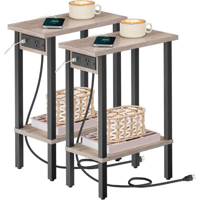 Narrow Side Tables Set of 2 with Charging Station, 2-Tier Storage – Greige & Black