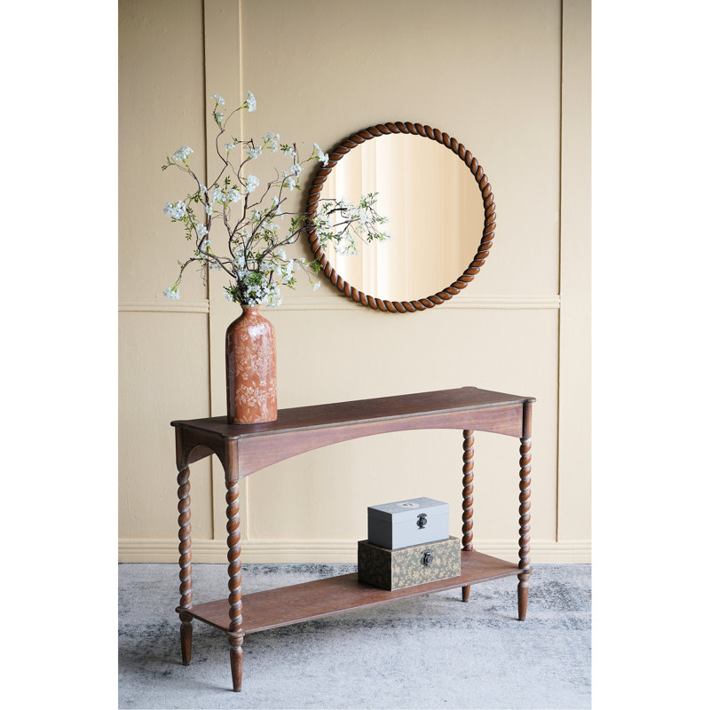 Console 47 x 14 x 30 po en bois brun rustique avec pieds en spirale tournés et tablette inférieure