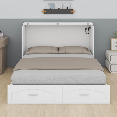 Armoire-lit escamotable pour grand lit escamotable avec tiroir de rangement, port USB, station de charge, cadre de lit escamotable en bois pour bureau à domicile ou petite pièce