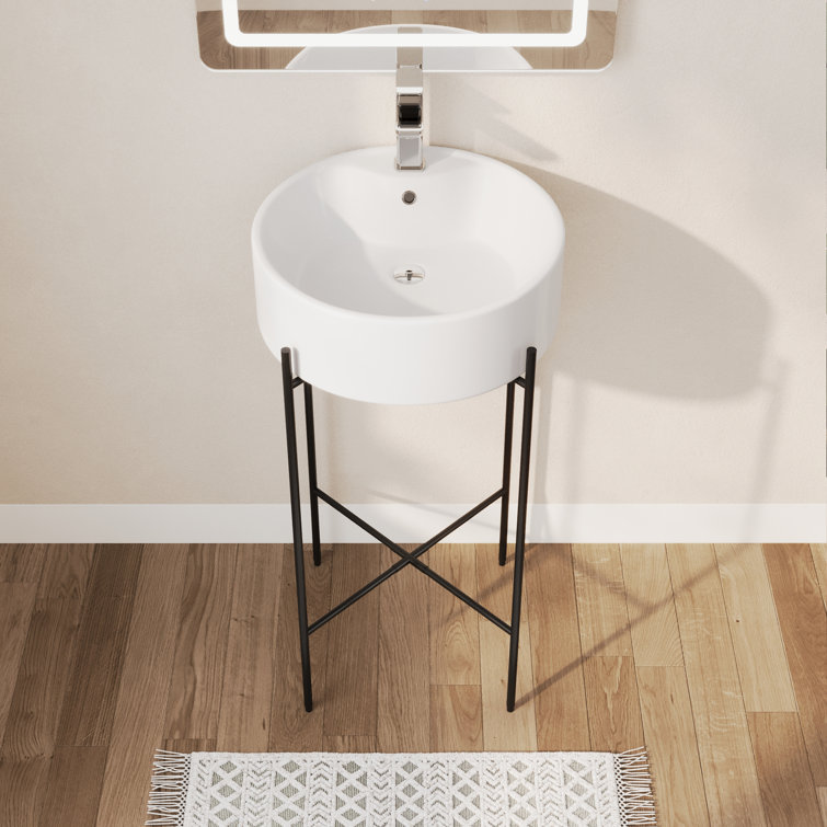 18.31" Round Console Sink with Faucet Hole, Bathroom Sink with Overflow,White Basin