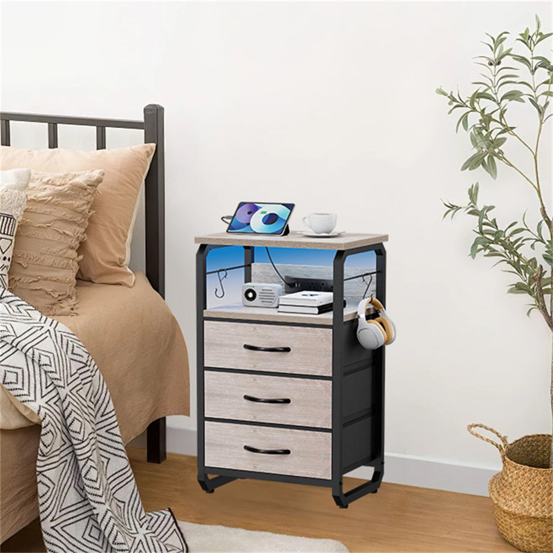 Multifunctional LED Nightstand With Charging Station & Storage, Greige/Black