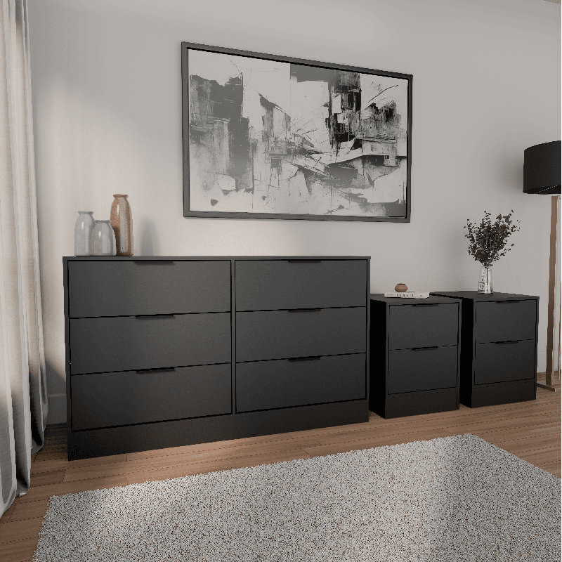 Ensemble de chambre à coucher moderne 3 pièces avec commode 6 tiroirs et 2 tables de chevet Maiesha, Noir