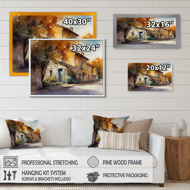 «Genessa Mediterranean Village Street VII», reproduction sur toile, H 12 po x l 20 po x P 1 po, Cadre flottant doré