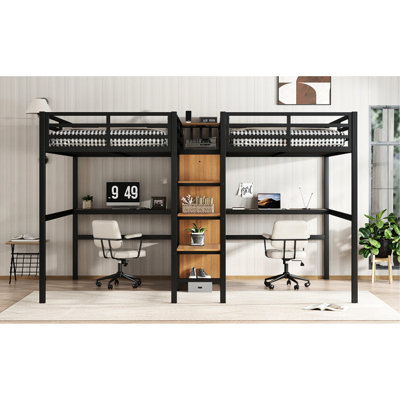 Lit mezzanine simple en métal avec bureau double, garde-robe et tablettes, prise électrique pour économiser de l'espace, rangement, prises de courant, réduction du bruit, apparence