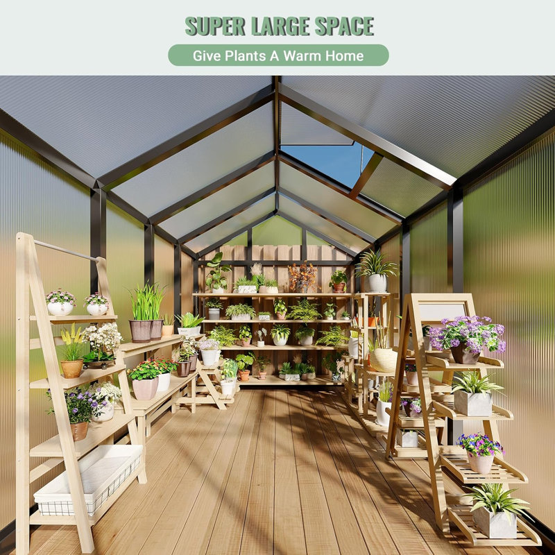 Greenhouse With Upgraded Door Handles, Easy Assembly Aluminum Polycarbonate Greenhouses for Outdoors with Roof Vent and Ground Nails, Heavy Duty Aluminum Walk-in Greenhouse for Backyard, Sliding Lockable Door