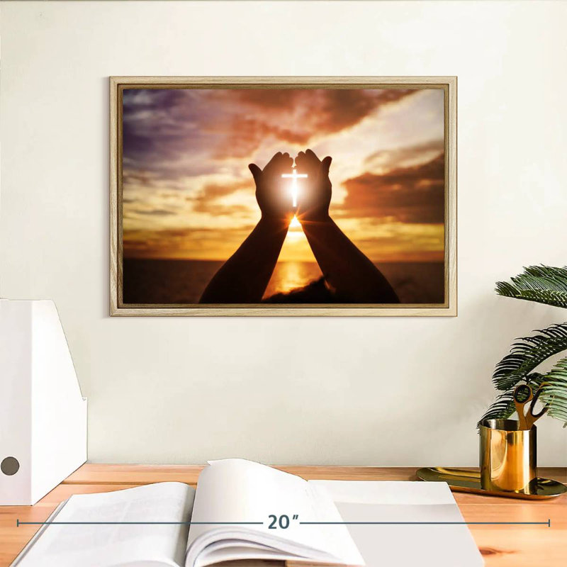Croix de soleil brillante, Cadre flottant en bois naturel, 13 po x 9 po