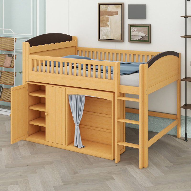 Lit surélevé tout-en-un avec armoire à plusieurs compartiments, penderie et bande à DEL écoénergétique, Wood
