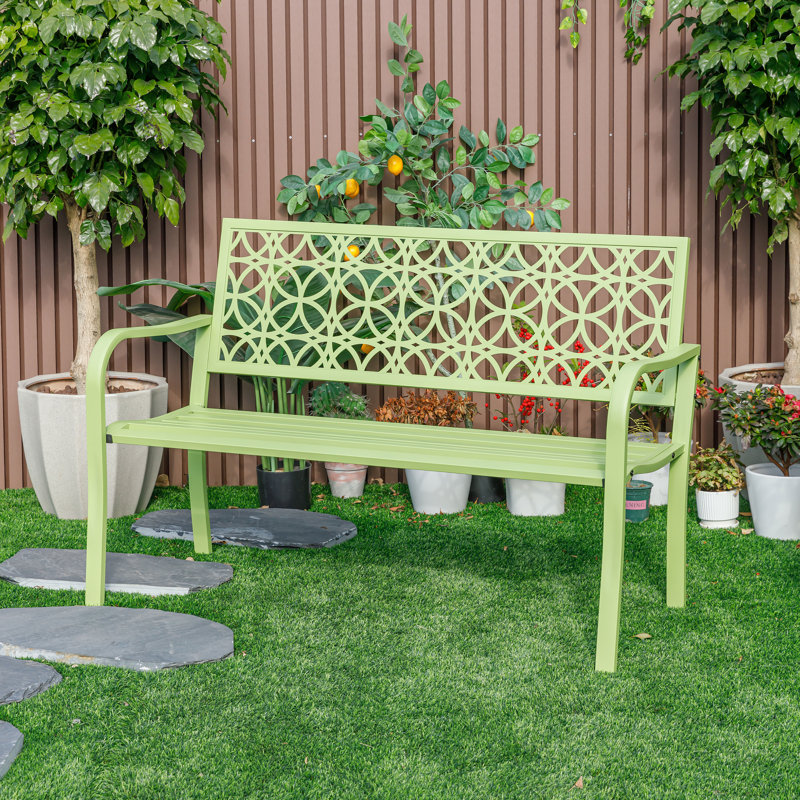 Green Steel Outdoor Garden Bench with Intricate Backrest Design