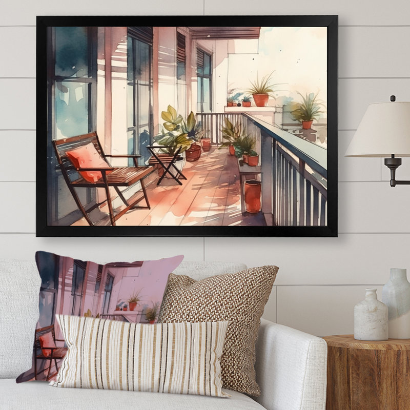 Rosegret capturant le bonheur d'une terrasse d'été I sur toile, H 12 po x l 20 po x P 1 po, Cadre photo noir