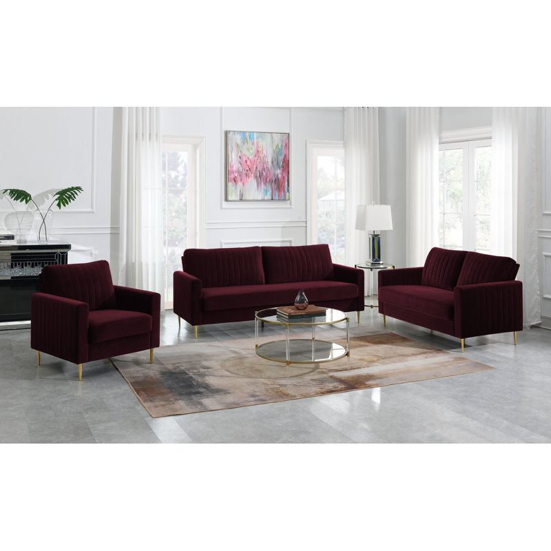 Marienville 3 - Piece Velvet Living Room Set, Burgundy
