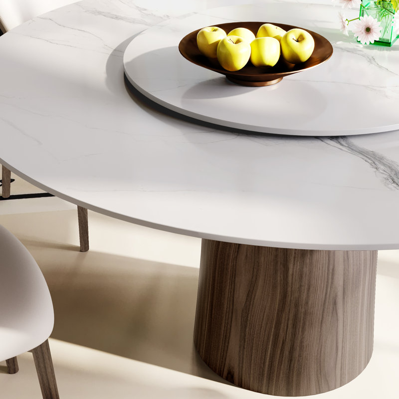 Table de salle à manger 53 "pour 6 personnes avec plateau tournant en pierre frittée + base en bois de noyer foncé, White