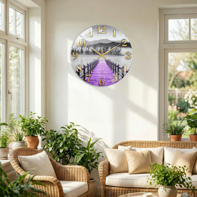 Purple Bridge Modern Decorated Glass Wall Clock Home Decor Art-15.7"